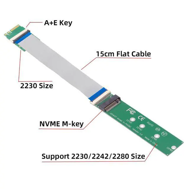 Alt view image 3 of 7 - Vszerda 2230 A+E-Key Male to NVME M-Key Female Extension Flat Slim FPC Cable for Laptop Mainboard SSD 2280