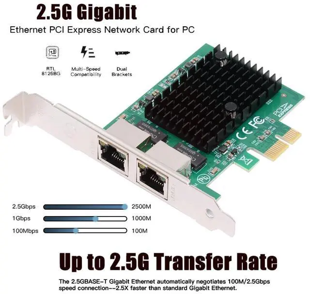 Alt view image 4 of 7 - Vszerda Dual Ports 2.5Gbps 2500Mbps to PCI-E PCI Express 1x GBE Gigabit 1000Mbps Ethernet Network LAN Cable Adapter for Desktop Motherboard