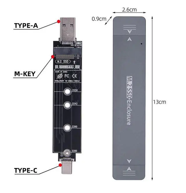 Alt view image 2 of 7 - Vszerda 10Gbps Combo Type-C USB3.0 to NVME M-Key M.2 SATA SSD PCBA Case 2280/2242/2230mm Adapter RTL9210B Chipset