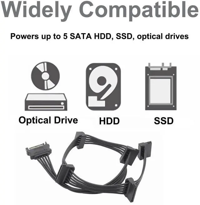 Alt view image 3 of 7 - Vszerda SATA Power Splitter Cables 1 to 5 19.7 in (500 mm), 2Pack15 Pin Male to Female Power Cable Splitter Powers up to 5 Hard Disk Drive, SSD, Optical Drives (2, Black)