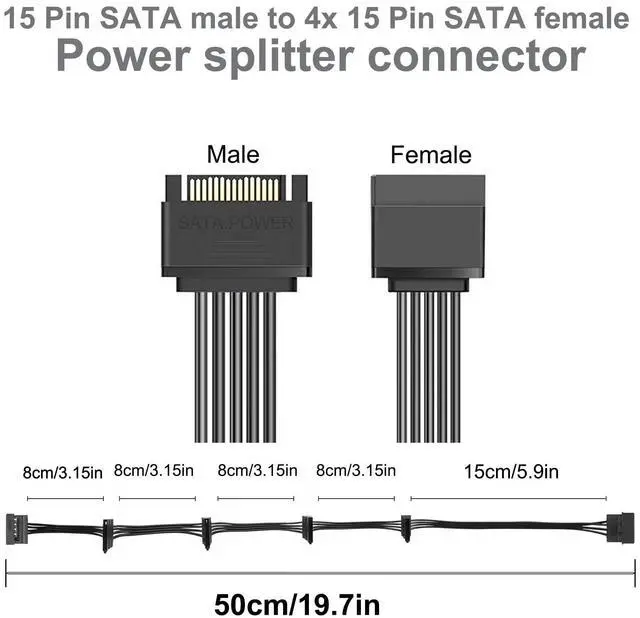 Alt view image 7 of 7 - Vszerda SATA Power Splitter Cables 1 to 5 19.7 in (500 mm), 2Pack15 Pin Male to Female Power Cable Splitter Powers up to 5 Hard Disk Drive, SSD, Optical Drives (2, Black)