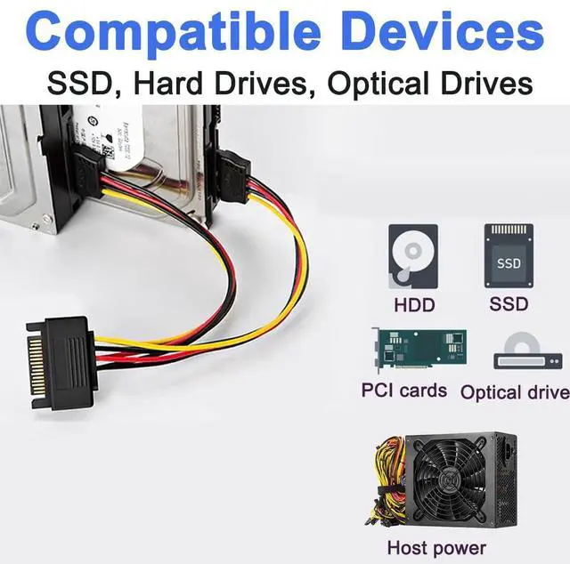 Alt view image 3 of 7 - Vszerda 2Pcs15-Pin SATA Power Y Splitter Cable,Male to Dual 15-pin Female Y-Splitter Cable Extension Adapter for HDD Hard Drive