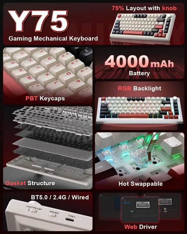 Alt view image 2 of 7 - Vszerda Y75 Wireless Mechanical Keyboard,75% Hot Swappable Custom Keyboard with Knob,RGB Backlit, PBT Keycaps,2.4GHz/USB-C/BT5.0 Mechanical Gaming Keyboards(White&Red,Milk Switch)