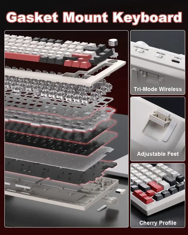 Alt view image 5 of 7 - Vszerda Y75 Wireless Mechanical Keyboard,75% Hot Swappable Custom Keyboard with Knob,RGB Backlit, PBT Keycaps,2.4GHz/USB-C/BT5.0 Mechanical Gaming Keyboards(White&Red,Milk Switch)