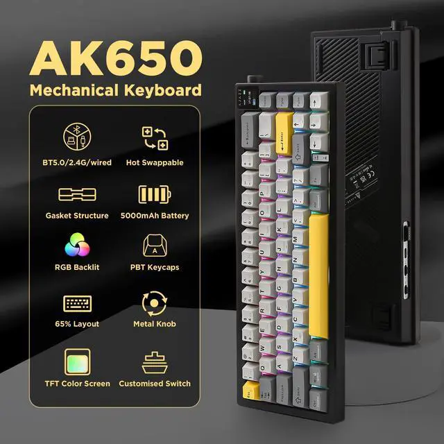 Alt view image 2 of 7 - Vszerda AJAZZ AK650 Wireless Mechanical Keyboard with Smart Display & Knob, BT/2.4G/USB-C, Hot Swappable 65% Mechanical Keyboard with PBT Keycaps, RGB Light for Win & Mac(Black,Flying Fish Switch)