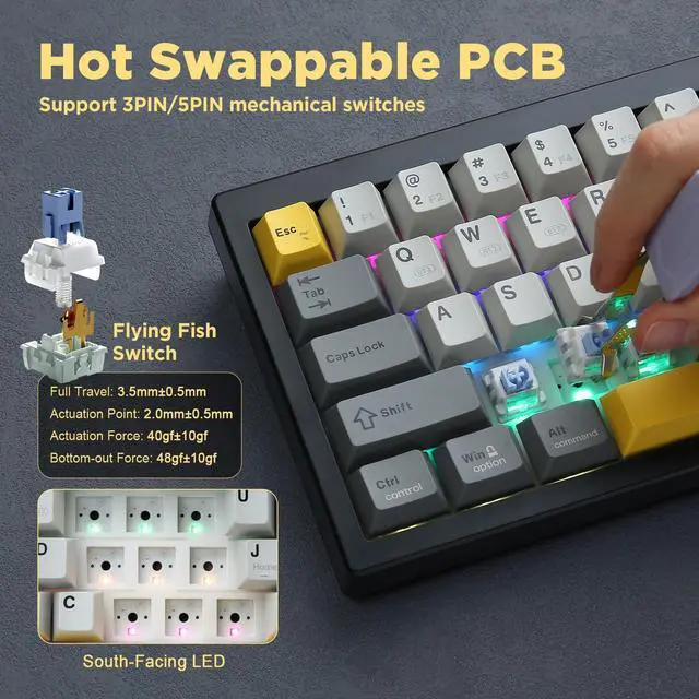 Alt view image 3 of 7 - Vszerda AJAZZ AK650 Wireless Mechanical Keyboard with Smart Display & Knob, BT/2.4G/USB-C, Hot Swappable 65% Mechanical Keyboard with PBT Keycaps, RGB Light for Win & Mac(Black,Flying Fish Switch)