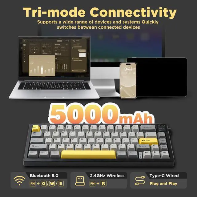Alt view image 6 of 7 - Vszerda AJAZZ AK650 Wireless Mechanical Keyboard with Smart Display & Knob, BT/2.4G/USB-C, Hot Swappable 65% Mechanical Keyboard with PBT Keycaps, RGB Light for Win & Mac(Black,Flying Fish Switch)