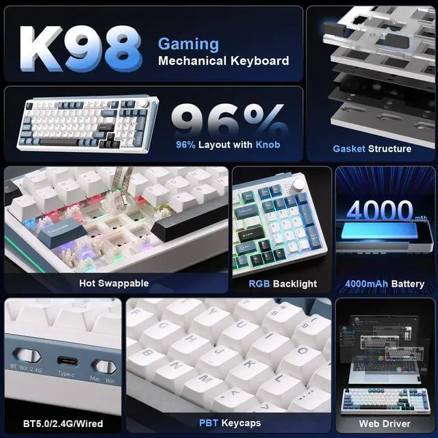 Alt view image 2 of 7 - Vszerda K98 Wireless Mechanical Keyboard,Tri-Mode BT5.0/2.4GHz/USB-C Hot Swappable Custom Keyboard,Gasket Structure,RGB Backlit Gaming Keyboard for Win & Mac(White&Blue,Milk-V2 Switch)