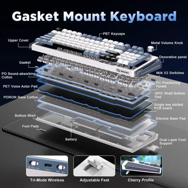 Alt view image 4 of 7 - Vszerda K98 Wireless Mechanical Keyboard,Tri-Mode BT5.0/2.4GHz/USB-C Hot Swappable Custom Keyboard,Gasket Structure,RGB Backlit Gaming Keyboard for Win & Mac(White&Blue,Milk-V2 Switch)