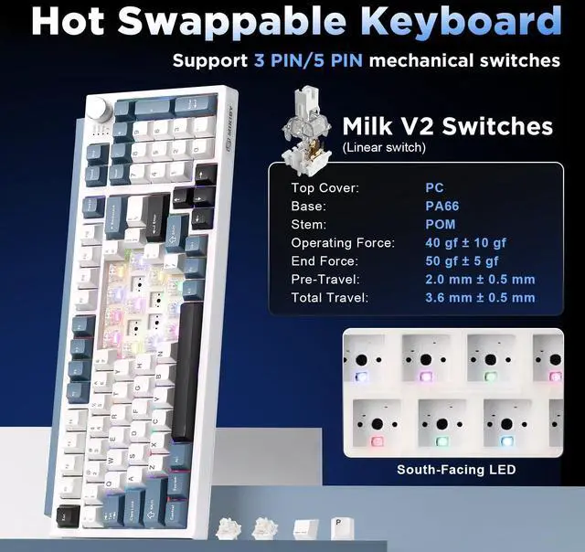 Alt view image 5 of 7 - Vszerda K98 Wireless Mechanical Keyboard,Tri-Mode BT5.0/2.4GHz/USB-C Hot Swappable Custom Keyboard,Gasket Structure,RGB Backlit Gaming Keyboard for Win & Mac(White&Blue,Milk-V2 Switch)