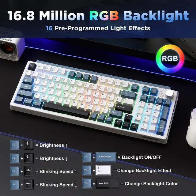 Alt view image 6 of 7 - Vszerda K98 Wireless Mechanical Keyboard,Tri-Mode BT5.0/2.4GHz/USB-C Hot Swappable Custom Keyboard,Gasket Structure,RGB Backlit Gaming Keyboard for Win & Mac(White&Blue,Cocoa-V2 Switch)