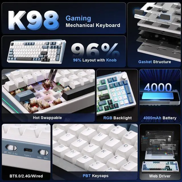 Alt view image 2 of 7 - Vszerda K98 Wireless Mechanical Keyboard,Tri-Mode BT5.0/2.4GHz/USB-C Hot Swappable Custom Keyboard,Gasket Structure,RGB Backlit Gaming Keyboard for Win & Mac(White&Blue,Cocoa-V2 Switch)