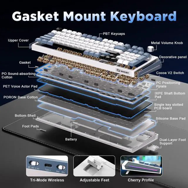 Alt view image 4 of 7 - Vszerda K98 Wireless Mechanical Keyboard,Tri-Mode BT5.0/2.4GHz/USB-C Hot Swappable Custom Keyboard,Gasket Structure,RGB Backlit Gaming Keyboard for Win & Mac(White&Blue,Cocoa-V2 Switch)