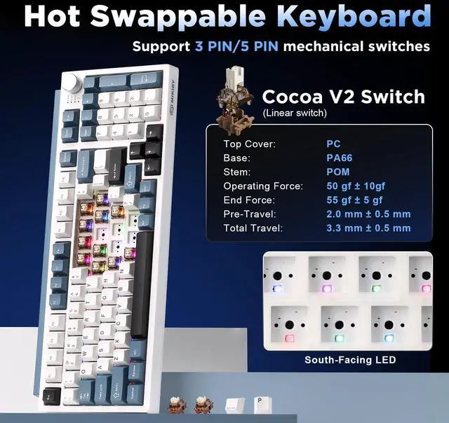 Alt view image 5 of 7 - Vszerda K98 Wireless Mechanical Keyboard,Tri-Mode BT5.0/2.4GHz/USB-C Hot Swappable Custom Keyboard,Gasket Structure,RGB Backlit Gaming Keyboard for Win & Mac(White&Blue,Cocoa-V2 Switch)