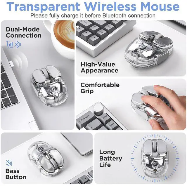 Alt view image 2 of 7 - Q9 Wireless Mouse, 2.4G/BT Dual Mode, 4 Adjustable DPI (800-4800), Ultra-Quiet Click, Bluetooth Mouse with RGB Breathing Light, 500mAh Long Battery, Portable for PC/Laptop/Mac/Tablet(Silver)