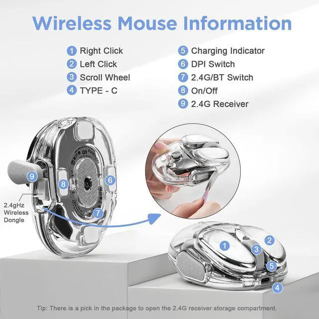 Alt view image 6 of 7 - Q9 Wireless Mouse, 2.4G/BT Dual Mode, 4 Adjustable DPI (800-4800), Ultra-Quiet Click, Bluetooth Mouse with RGB Breathing Light, 500mAh Long Battery, Portable for PC/Laptop/Mac/Tablet(Silver)
