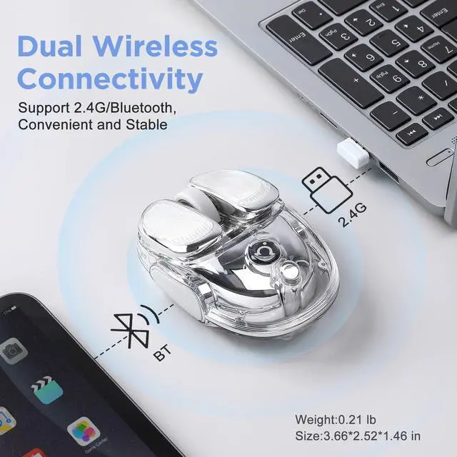 Alt view image 7 of 7 - Q9 Wireless Mouse, 2.4G/BT Dual Mode, 4 Adjustable DPI (800-4800), Ultra-Quiet Click, Bluetooth Mouse with RGB Breathing Light, 500mAh Long Battery, Portable for PC/Laptop/Mac/Tablet(Silver)