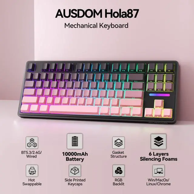 Alt view image 7 of 7 - Vszerda Wireless Mechanical Gaming Keyboard: 10000mAh Battery Tri-Mode 2.4G/BT5.3/USB-C Hot Swappable Custom Keyboard with RGB Backlit, Side Printed PBT Keycaps, 15-Layer Gasket Structure, Black Pink