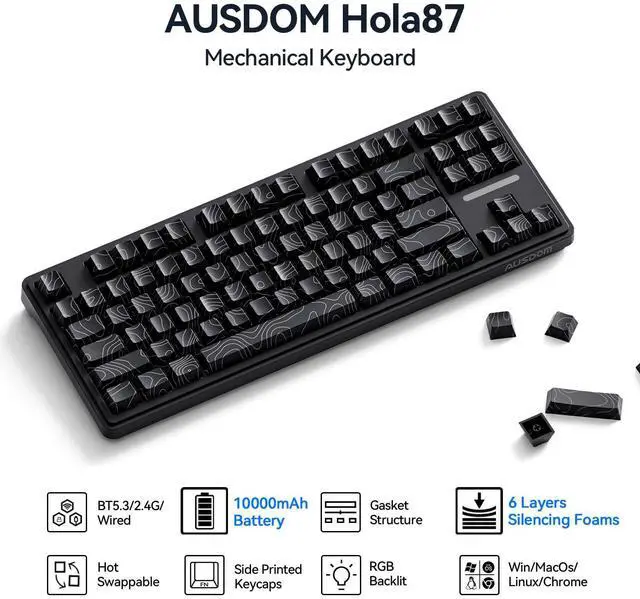 Alt view image 2 of 7 - Vszerda Wireless Mechanical Gaming Keyboard: 10000mAh Battery Tri-Mode 2.4G/BT5.3/USB-C Hot Swappable Custom Keyboard with RGB Backlit, Side Printed PBT Keycaps, 15-Layer Gasket Structure, Topographic