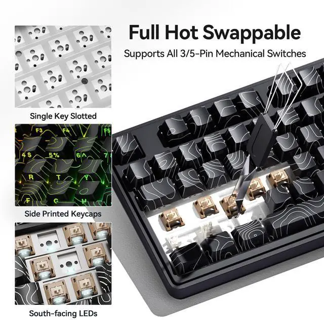 Alt view image 6 of 7 - Vszerda Wireless Mechanical Gaming Keyboard: 10000mAh Battery Tri-Mode 2.4G/BT5.3/USB-C Hot Swappable Custom Keyboard with RGB Backlit, Side Printed PBT Keycaps, 15-Layer Gasket Structure, Topographic