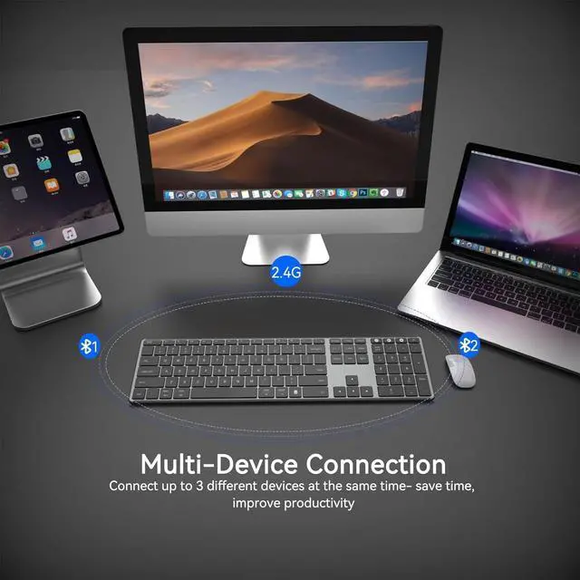 Alt view image 2 of 7 - Vszerda 2.4G Wireless Bluetooth Keyboard Full Size, Quiet Slim Multi-Device Rechargeable Cordless QWERTY Keyboard with Number Pad, Low Profile Silent Flat Universal Keyboards for Computer/Mac/Windows