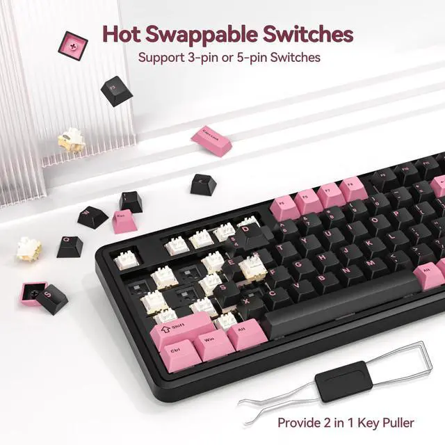 Alt view image 4 of 7 - Vszerda 98Pro Wireless Mechanical Keyboard, Tri-Mode BT/2.4GHz/USB-C Hot Swappable Custom Gaming Keyboard with Backlit, Gasket Structure, Linear Switches for Windows/Mac/PC (Black&Pink 97keys)