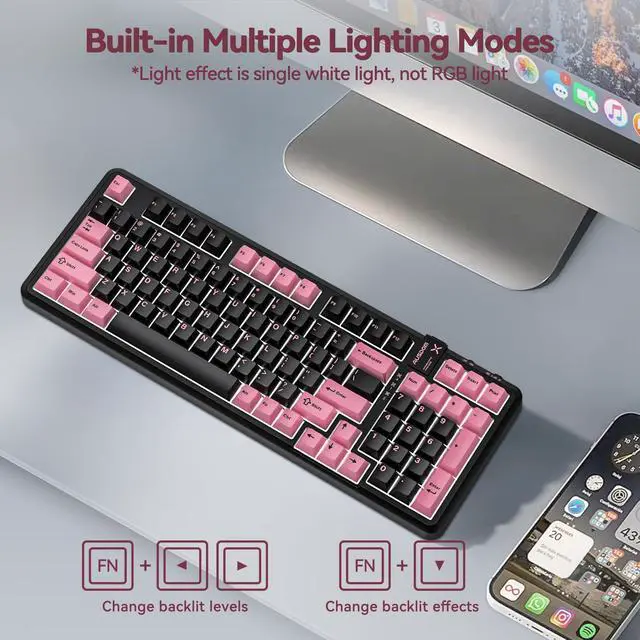 Alt view image 3 of 7 - Vszerda 98Pro Wireless Mechanical Keyboard, Tri-Mode BT/2.4GHz/USB-C Hot Swappable Custom Gaming Keyboard with Backlit, Gasket Structure, Linear Switches for Windows/Mac/PC (Black&Pink 97keys)