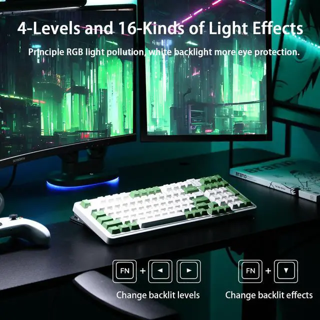 Alt view image 4 of 7 - Vszerda 98Pro Wireless Mechanical Keyboard, Tri-Mode BT/2.4GHz/USB-C Hot Swappable Custom Gaming Keyboard with Backlit, Gasket Structure, Linear Switches for Windows/Mac/PC (Green&White 97keys)