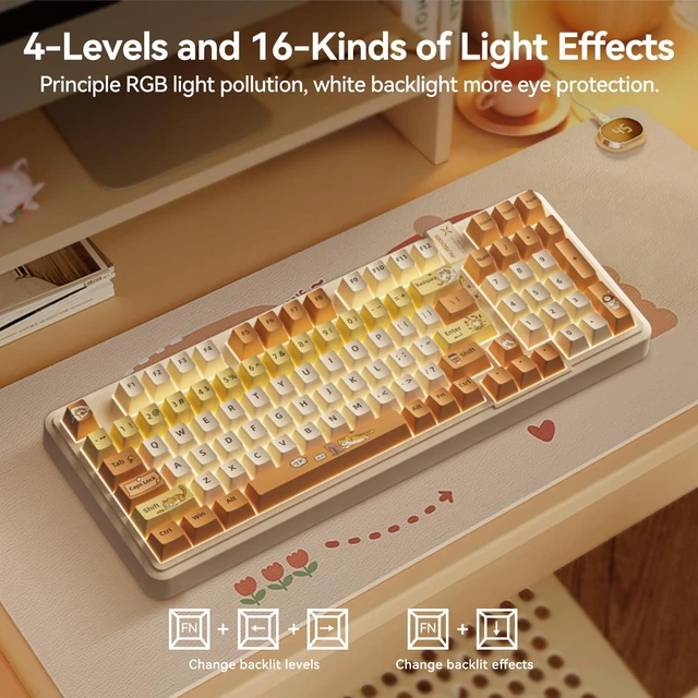 Alt view image 3 of 7 - 98Pro Wireless Mechanical Keyboard, Tri-Mode Bluetooth/2.4GHz/USB-C Gasket Hot Swappable Custom Gaming Keyboard with Backlit, PBT Keycaps, Linear Switches, for Windows/Mac/PC (Yellow Cat Theme)