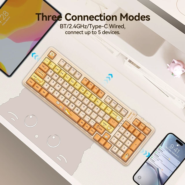 Alt view image 2 of 7 - 98Pro Wireless Mechanical Keyboard, Tri-Mode Bluetooth/2.4GHz/USB-C Gasket Hot Swappable Custom Gaming Keyboard with Backlit, PBT Keycaps, Linear Switches, for Windows/Mac/PC (Yellow Cat Theme)