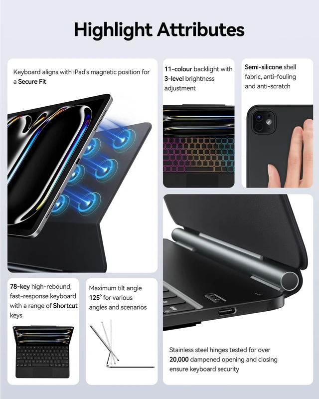 Alt view image 3 of 7 - AUSDOM Magnetic Keyboard Case for iPad Pro 13 inch (M5 2025 / M4 2024) | Easy-Set Floating Cantilever Stand, Click-Anywhere Trackpad, 11-Color Backlight, Keyboard Case with Pencil Holder, Black