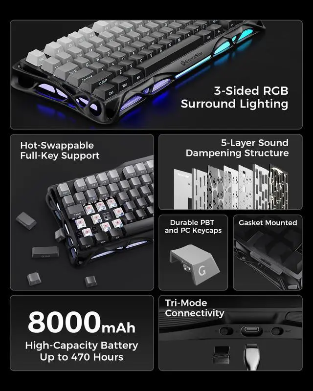 Alt view image 7 of 7 - GravaStar Mercury K1 75% Wireless Mechanical Gaming Keyboard, Aluminum Alloy, Gasket Compact Custom Keyboard Hot-Swap Socket, Linear Switches, RGB BacklitGradient Black