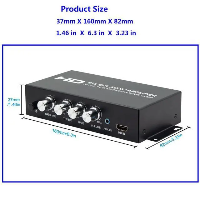 Alt view image 4 of 7 - Vszerda Audio Power Amplifier, 2.1 Channel 80W x 2 with Subwoofer, HDMI and AUX Inputs, Treble and Bass Control, for Mobile Phones, MP3, CD Players, TVs, Computers