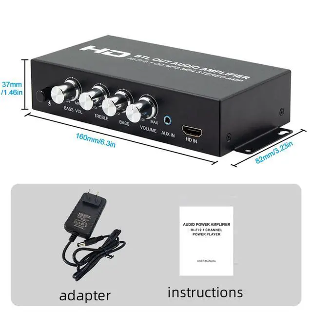 Alt view image 7 of 7 - Vszerda Audio Power Amplifier, 2.1 Channel 80W x 2 with Subwoofer, HDMI and AUX Inputs, Treble and Bass Control, for Mobile Phones, MP3, CD Players, TVs, Computers