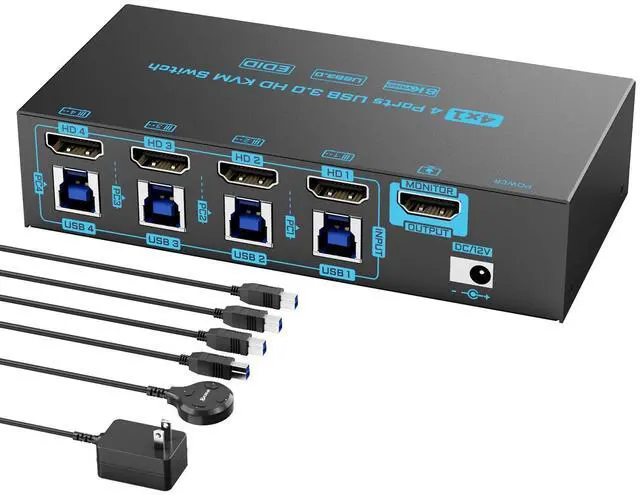Main image of 8K HDMI 2.1 KVM Switch 4 Computers 4 Port USB 3.0 8K@60Hz/4K@144Hz 4 In 1 Out Keyboard Mouse KVM Switches EDID Emulator for 4 PCs Share 1 Monitor and 4 USB Devices, with 4 USB 3.0 Cable & Wired Remote