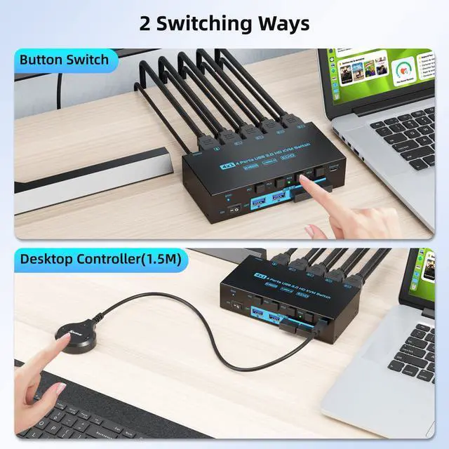 Alt view image 7 of 7 - 8K HDMI 2.1 KVM Switch 4 Computers 4 Port USB 3.0 8K@60Hz/4K@144Hz 4 In 1 Out Keyboard Mouse KVM Switches EDID Emulator for 4 PCs Share 1 Monitor and 4 USB Devices, with 4 USB 3.0 Cable & Wired Remote