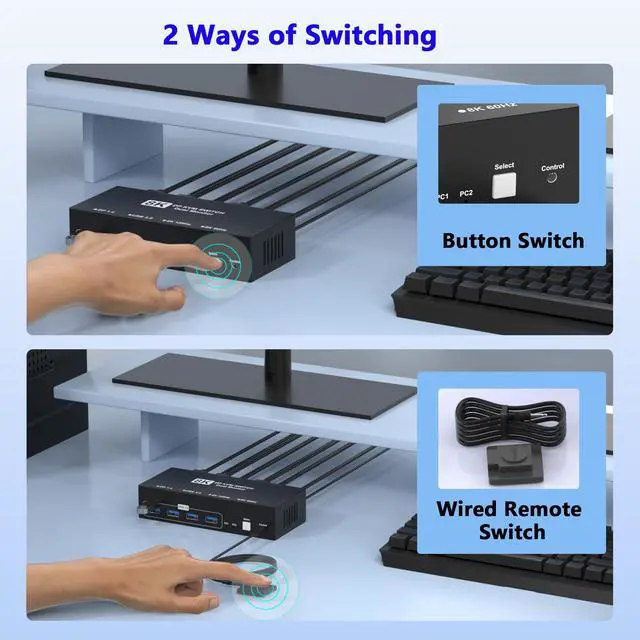 Alt view image 6 of 7 - 8K@60Hz Displayport KVM Switch 2 Monitors 2 Computers, 4K@120Hz USB3.0 KVM Switch Display Port for 2 Computers Share Dual Monitors and 4 USB Devices, Computer Switch Monitor Switch for 2 Computers