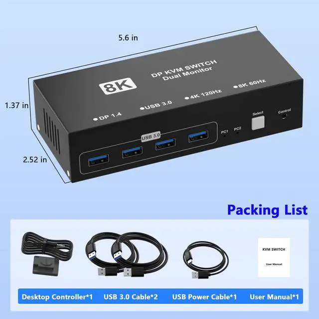 Alt view image 7 of 7 - 8K@60Hz Displayport KVM Switch 2 Monitors 2 Computers, 4K@120Hz USB3.0 KVM Switch Display Port for 2 Computers Share Dual Monitors and 4 USB Devices, Computer Switch Monitor Switch for 2 Computers