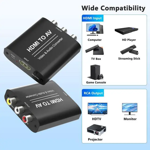 Alt view image 6 of 7 - HDMI to RCA Converter, HDMI to AV Adapter, Red Yellow White CVBs Composite Video Audio Converter for Old TV Compatible PAL/NTSC for Apple TVs, Fire TV Stick, Chromecast, Roku, DVD, Android TVs Box