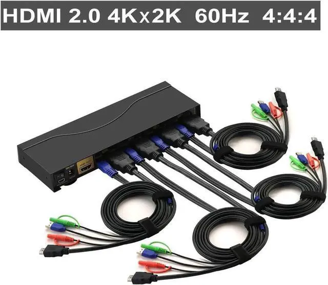 Alt view image 2 of 6 - Vszerda 4-Port HDMI KVM Switch with Audio & Microphone, Dual USB 2.0 Hubs and Cables, 4K@60Hz 4:4:4, Compatible with Wireless Keyboard & Mouse