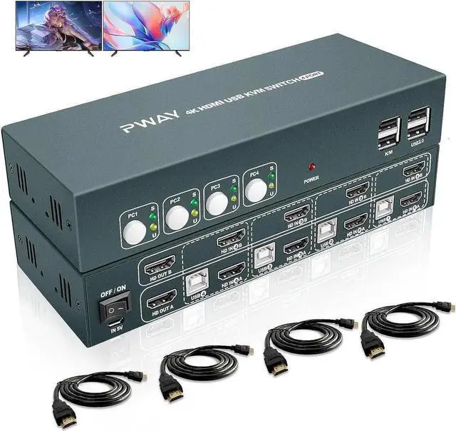 Main image of Vszerda 4 Port Dual Monitor HDMI KVM Switch 4K@30Hz, 4 Computers Share 2 Monitors with USB2.0 Hub, Hotkey Switch Support Extended Display