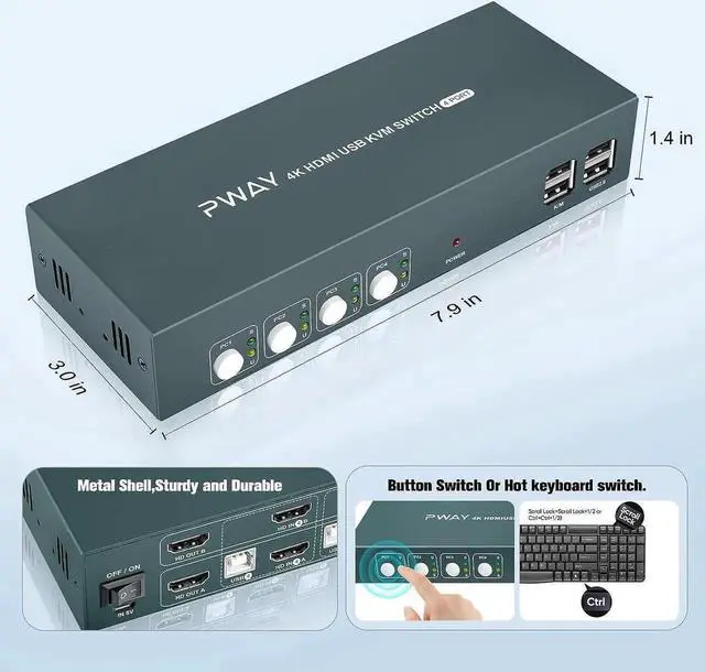 Alt view image 7 of 7 - Vszerda 4 Port Dual Monitor HDMI KVM Switch 4K@30Hz, 4 Computers Share 2 Monitors with USB2.0 Hub, Hotkey Switch Support Extended Display