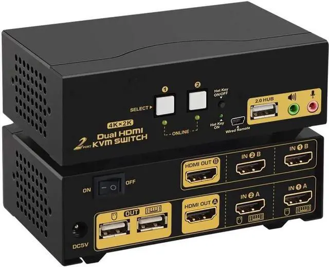 Main image of Vszerda DEPZOL 2 Port Dual Monitor HDMI KVM Switch 4K@30Hz, Support Extended Dual View with Audio Microphone & USB2.0 Hub for 2 PCs Laptops