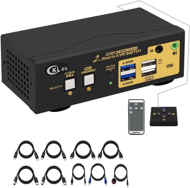 Main image of Vszerda 2x2 Dual Monitor KVM Switch (DP + HDMI), USB 3.0, 4K@60Hz, Audio & Cables Included, EDID Emulation, DP 1.2, HDMI 2.0, HDR10 Supported