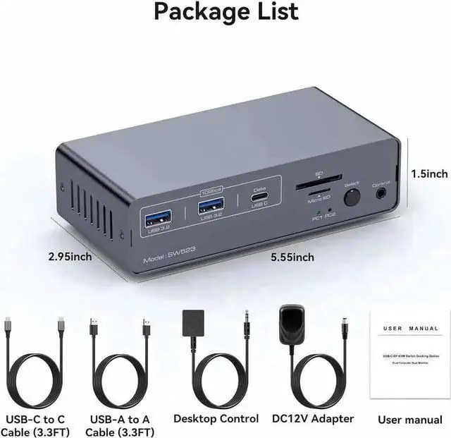 Alt view image 7 of 7 - Vszerda 13-in-1 USB3.2 USB-C DP KVM Switch Docking Station, Dual Monitor Type-C + DisplayPort KVM Dock 4K@120Hz for 1 Laptop & 1 Desktop Share Two Monitors USB Peripherals