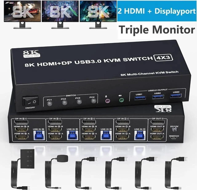 Main image of WRIARICH 4-Port Triple Monitor KVM Switch (2HDMI+1DP), 8K@60Hz & 4K@144Hz, Audio Port & 3 USB 3.0 Ports