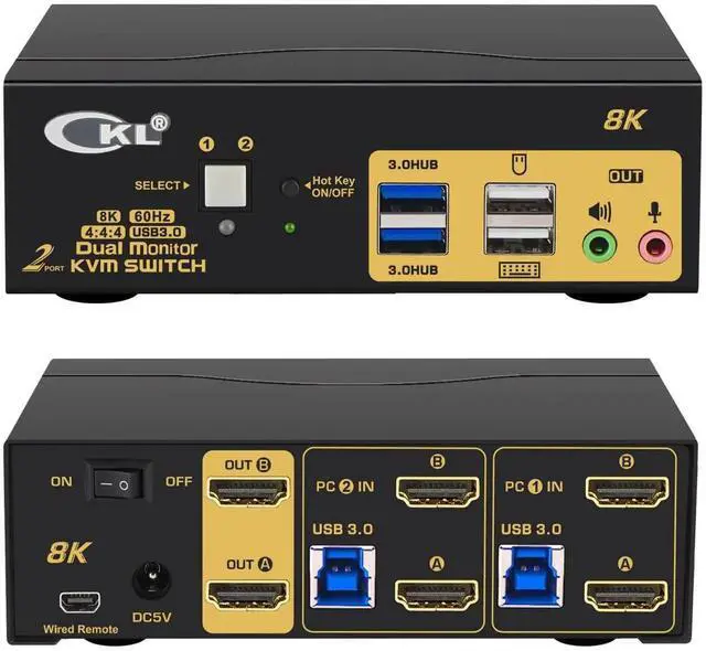Main image of Vszerda CKL 2 Port Dual Monitor HDMI 2.1 KVM Switch, 8K@60Hz 4K@144Hz USB3.0 KVM Switcher with Audio Mic EDID Hotkey Remote for 2 Computers Share 2 Monitors