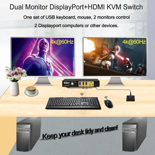 Alt view image 6 of 7 - Vszerda CKL 2-Port DP MST KVM Switch, 1 DP Input to 1 DP + 1 HDMI Output for 2 PCs 2 Monitors