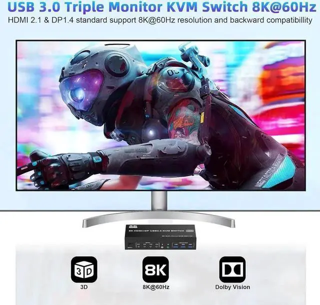Alt view image 5 of 7 - Vszerda 4-Port Triple Monitor KVM Switch (2HDMI+1DP), 8K@60Hz & 4K@144Hz, Audio Jack & 3 USB 3.0 Ports
