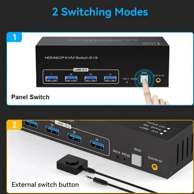 Alt view image 2 of 7 - Vszerda 2-Port Triple Monitor KVM Switch (2DP+1HDMI), 8K@60Hz / 4K@144Hz, 4 USB3.0 Ports